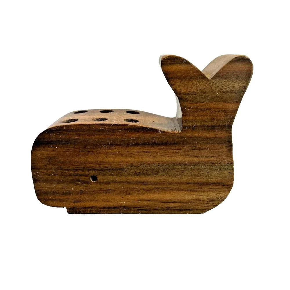 Vintage Wooden‎ Whale Shaped 6 Pencil Pen Holder Nautical Ocean Beach Decorative